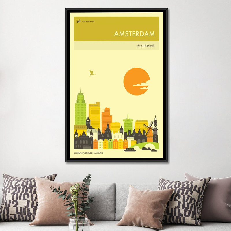 « amsterdam horizon », impression sur toile, H 26 po x l 18 po x P 1,5 po, Toile avec cadre noir, Pas de tapis