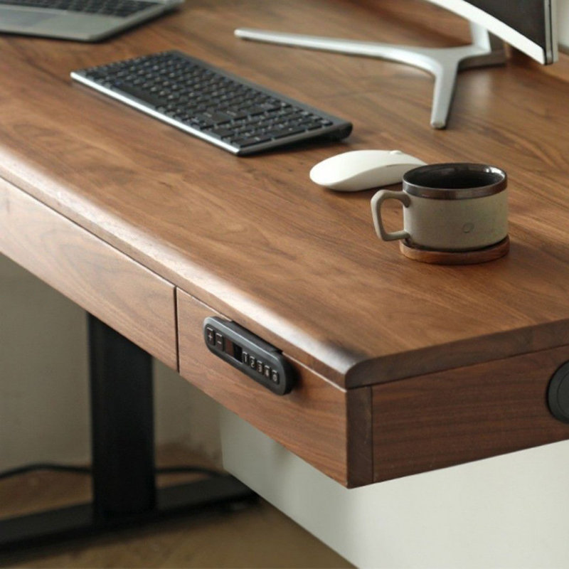 Nut-brown + Black Rectangular Hight adjustable Solid Wood + Steel with 2 drawers desk, 49.21" H x 70.87" W x 27.56" D