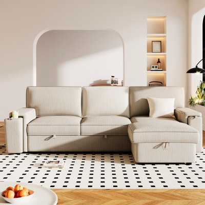 Canapé-lit modulaire beige avec rangement pour accoudoirs et options de porte-gobelets - lit à 3 places