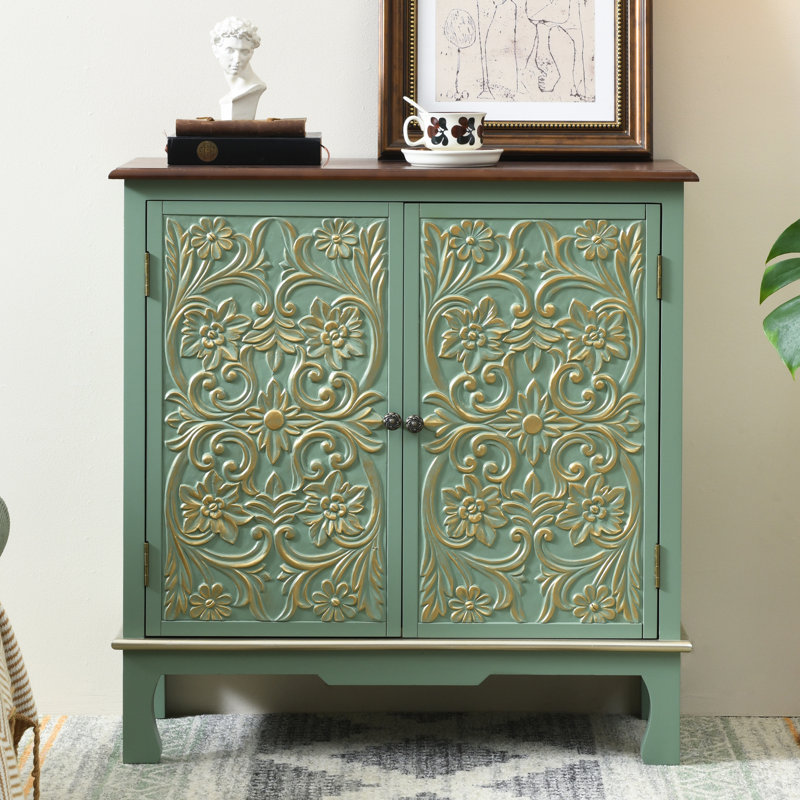Folger 33" Tall Farmhouse Green Wood Accent Cabinet,Resin,Gold-Accented Sage with Handcrafted 2 Doors