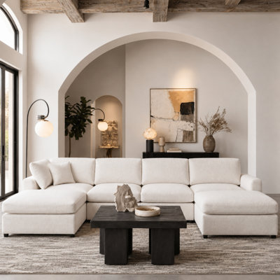  130-Inch Beige Chenille U-Shaped Modular Sectional Sofa, 6-Seater Deep Seat Couch with Solid Wood Frame, 2 Movable Ottomans and Throw Pillow for Living Room
