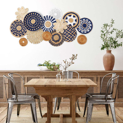 Boho Wall Decor 15 Pcs, Blue Handwoven Seagrass Wall Baskets, Rustic Round Woven Hanging Art For Farmhouse Living Room Kitchen Wall