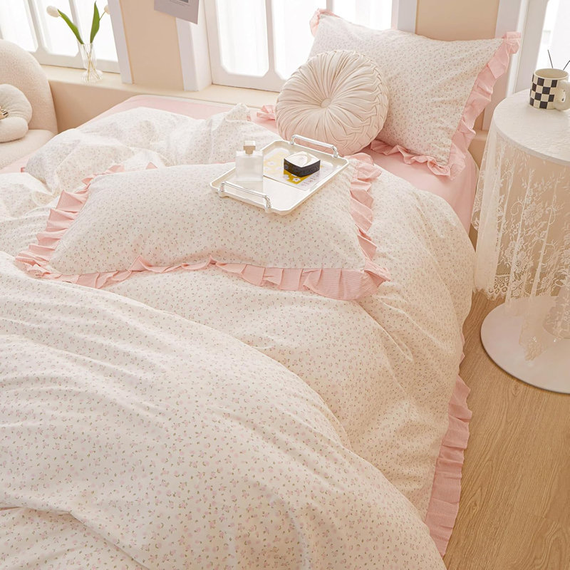 Pure Cotton Vintage Floral Duvet Cover Set, Pink Floral, Full Duvet Cover + 2 Standard Pillowcases