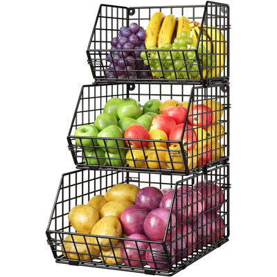 X-cosrack 3-Tier Stackable Fruit Basket for Counter, Potato and Onion Storage Bin - Vegetable Basket for Kitchen, Wire Basket for Pantry Organizers- Metal Baskets for Snack Produce Can
