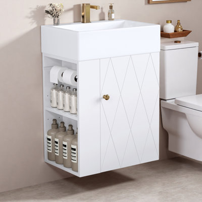 Bathroom Vanity With Ceramic Sink, Diamond Pattern Door Design, Gold Handle, Side Storage Shelves And Built-in Towel Bar