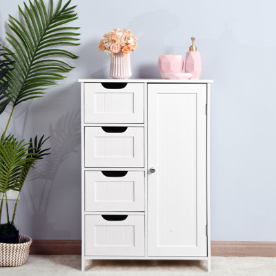 White Bathroom Storage Cabinet - Adjustable Shelf And Routed Handle Drawers For Organizing With 4 Modern Design Office, Study