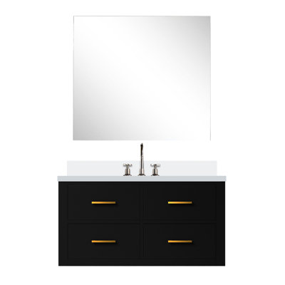 Black Single Bath Vanity 36 In. X 22 In., White Quartz Countertop, Mirror & Faucet - Assembled Tempting Chic