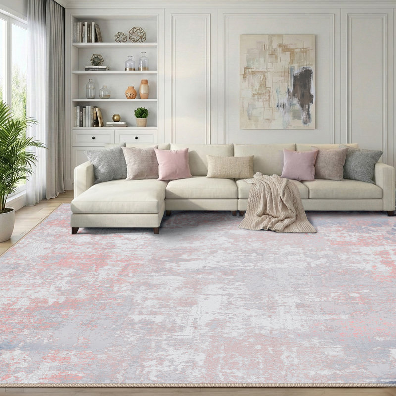 Modern Abstract Printed Area Rug Non-Slip Machine Washable Low Pile for Living Room Bedroom, Gray/Pink, Rectangle 9' x 12'
