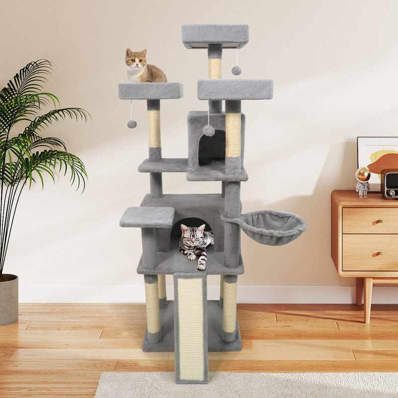 65” Tall Multi-level Cat Tree with 3 Upholstered Top Perch 2 Cat Condos Cat Basket Light Grey, Light Grey