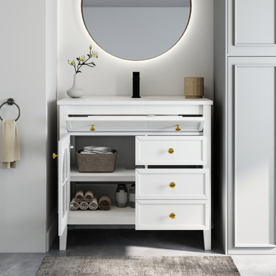 Bathroom Vanity Sink, Antique - Glass, Motion Sensor , White Cabinet, Tidy, Mid Century Style, Vanity, Lighting, Ample Storage, Freestanding, Integrated Basin