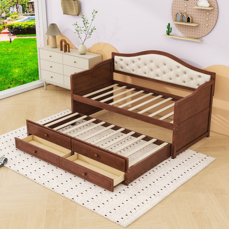 Twin Wooden Daybed with Trundle and Tufted and 2 Drawers, Walnut