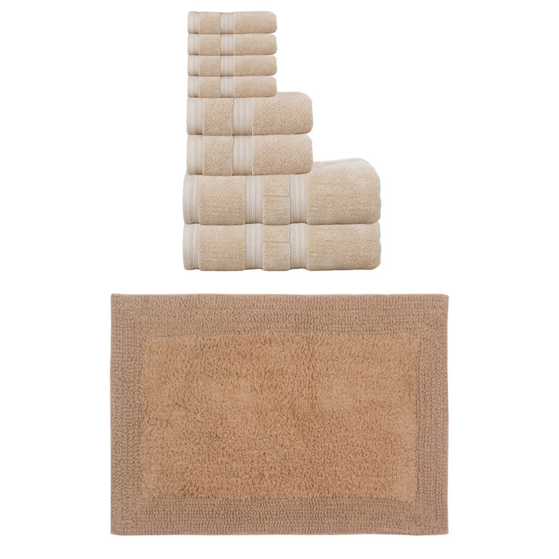 Buariki Collection 100% Soft Cotton Bath Towel Set & Bath Rug Reversible, Linen, 9 Piece Towel Set