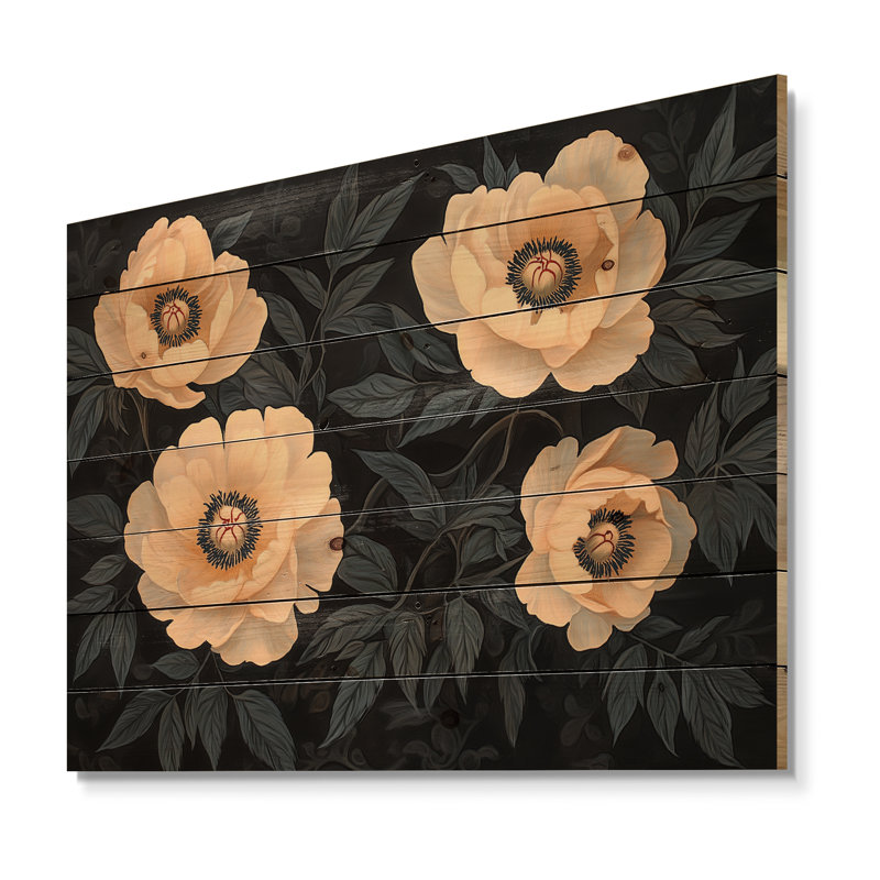 Noir noir beige pivoines I - art mural en bois pivoines - sur bois de pin naturel, H 24 po x l 32 po x P 0,78 po