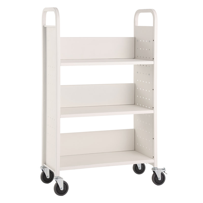 White Carbon Steel Rolling Library Book Cart with Lockable Wheels