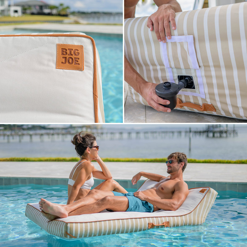 Flotteur de piscine double Big Joe Lux Chaise Premium, tissu Sunbrella rayé sable, mélange de polyester durable protégé contre les rayons UV