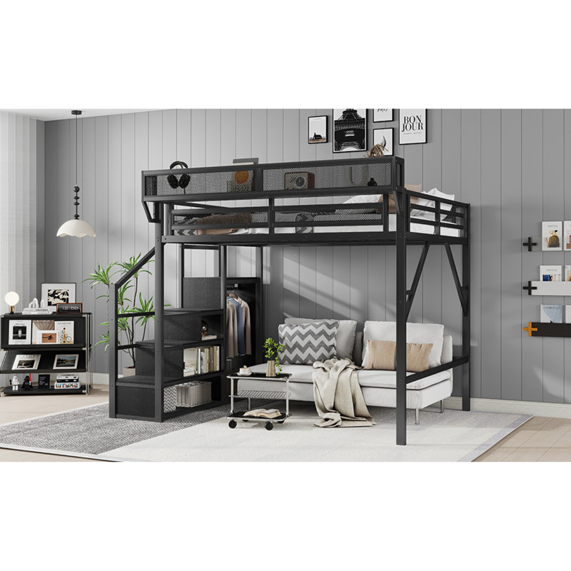 Lit mezzanine double compact avec structure en métal, conception moderne pour les maisons compactes