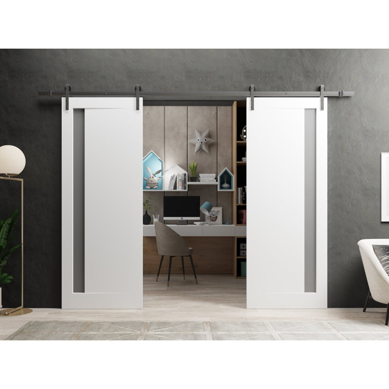 Porte de grange double robuste | Planum blanc peint avec verre givré 0660 | Ensemble de 13 cintres lourds pour rail | Portes intérieures solides