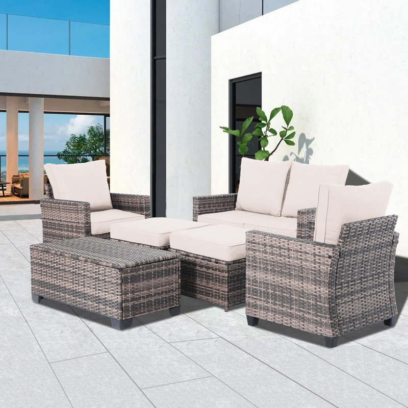 6-piece Wicker Rattan Outdoor Patio Set With Sectional Sofa And Storage Table, White