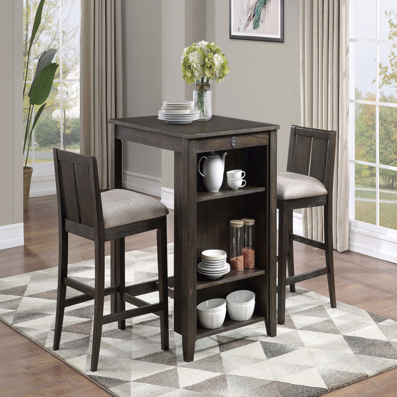 3-Piece Counter Height Set Table With With Display Shelf Usb Ports And 2 X Counter Height Dining Chairs Fabric Upholstered