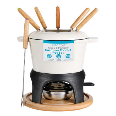 Ensemble de casseroles à fondue BIRDROCK Home | 8 fourchettes à fondue, brûleur de sûreté chromé | Chocolat, fromage, fonte, trempette, mini fontaine, fraises couvertes | Cadeaux de mariage, articles essentiels pour accueillir | Crème