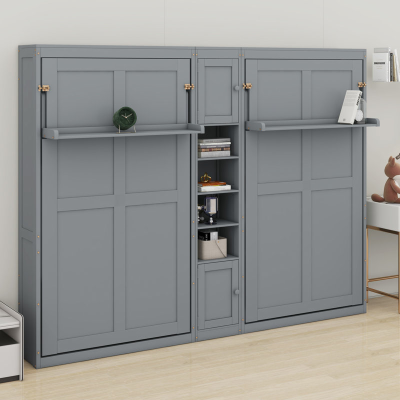 Lits escamotables à double paroi avec armoires et tablettes, Gris