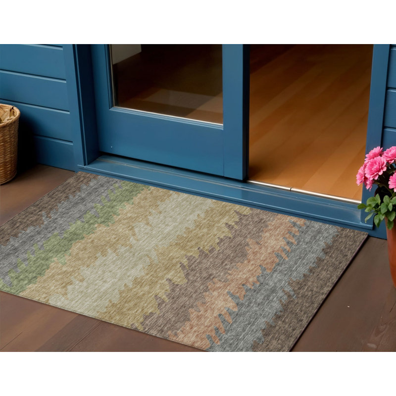 Tapis extérieur lavable rayé gris et vert 3 pi x 5 pi chocolat