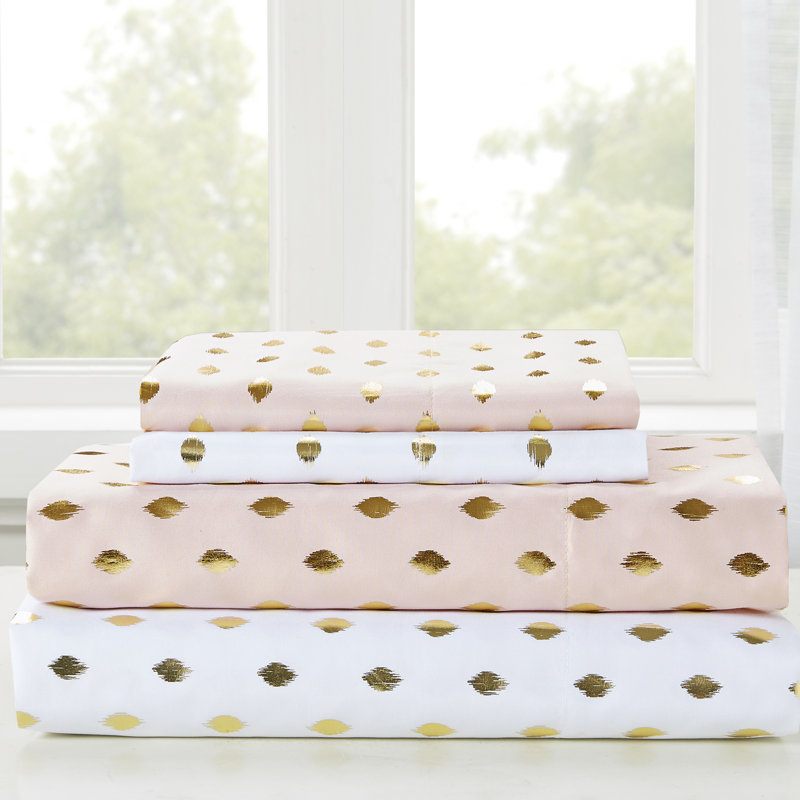 Metallic Polka Dot Printed Sheet Set, White/Gold, Queen Sheet Set + 1 Fitted Sheet + 2 Pillowcases