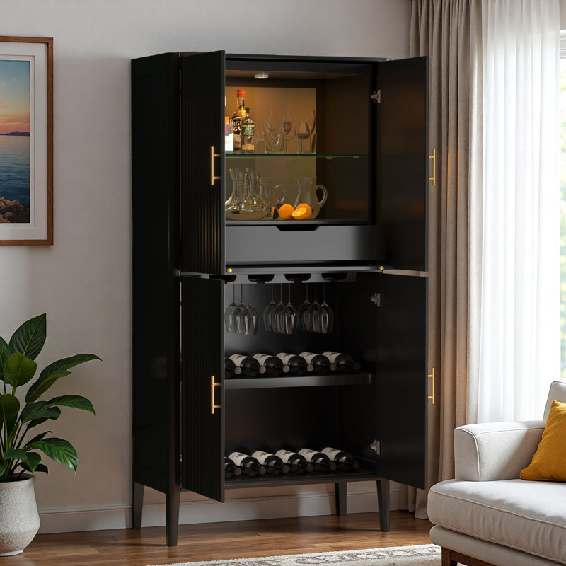 Modern Fluted Wine Cabinet With Glass Display, Stemware Rack, Drawer, Adjustable Shelves And Built-in Led Lighting, Black