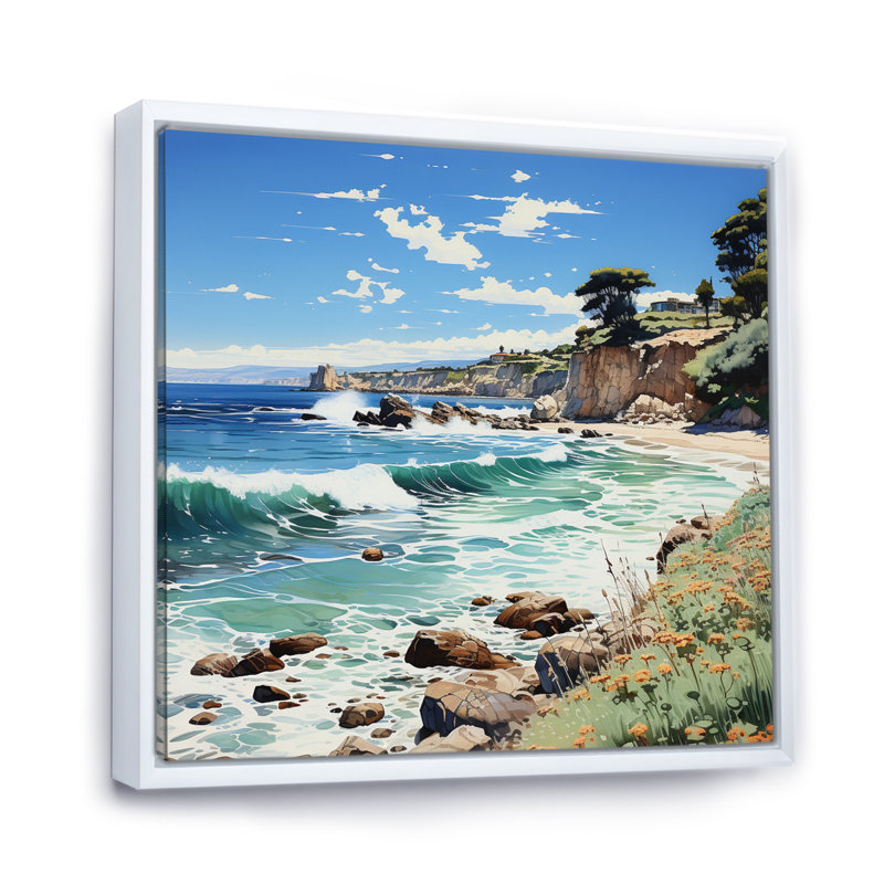 " Beach Contrast Pointillism II ", White Floater Framed, 16" H x 16" W x 1" D