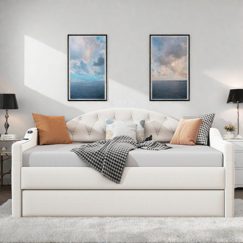 Upholstered Daybed With Fabric And Cloud-shaped Backrest, Beige