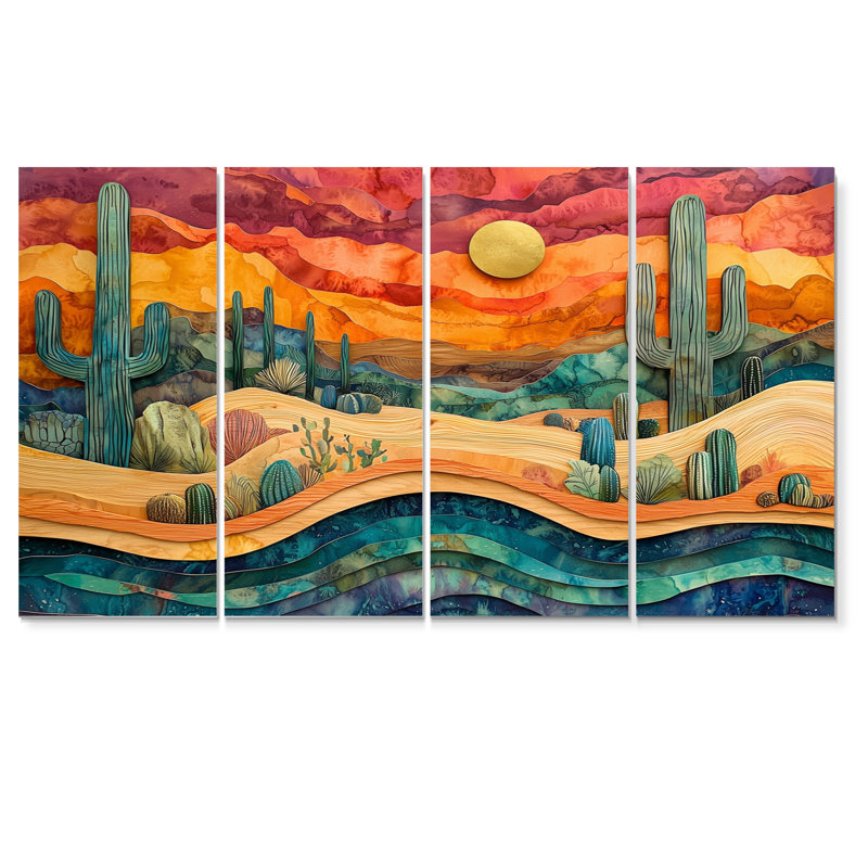 Cactus du désert sur un plateau en bois II - Cactus floral - ensemble d'art mural traditionnel, 4, H 28 po x l 48 po