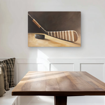 Stick and Hockey Puck - Brown Metal Print for Home Decor