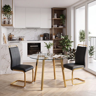 Ensemble de salle à manger 3 pièces en verre trempé rond moderne avec chaises en porte-à-faux