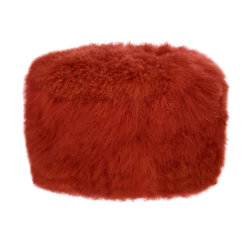 Round Tibetan Lamb Sheepskin Ottoman, Burned Orange, 19" Diameter x 16" High