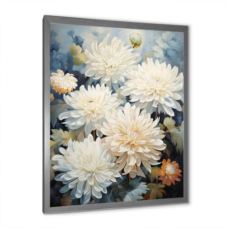 Blooming Mums en beige et bleu IV sur toile, Cadre simple argenté, H 20 po x l 12 po x P 1 po