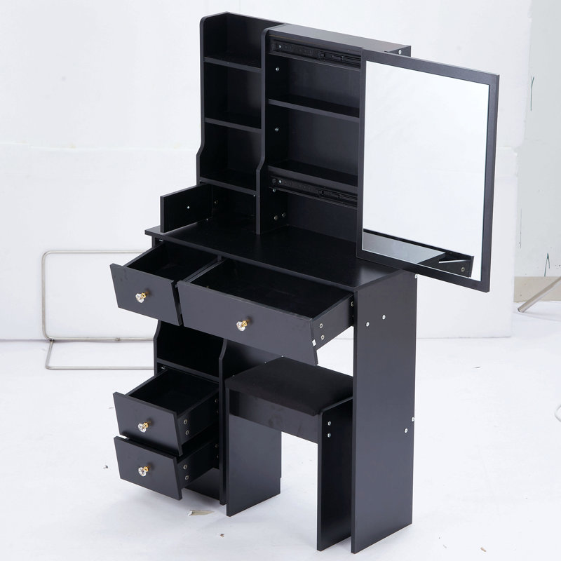 29.2" Small Space Left Drawer Desktop Vanity Table + Cushioned Stool, Extra Large Right Sliding Mirror, Multi Layer High Capacity Storage, Practical Fashionable Dresser, Epa, Gcc, Ul Certificate