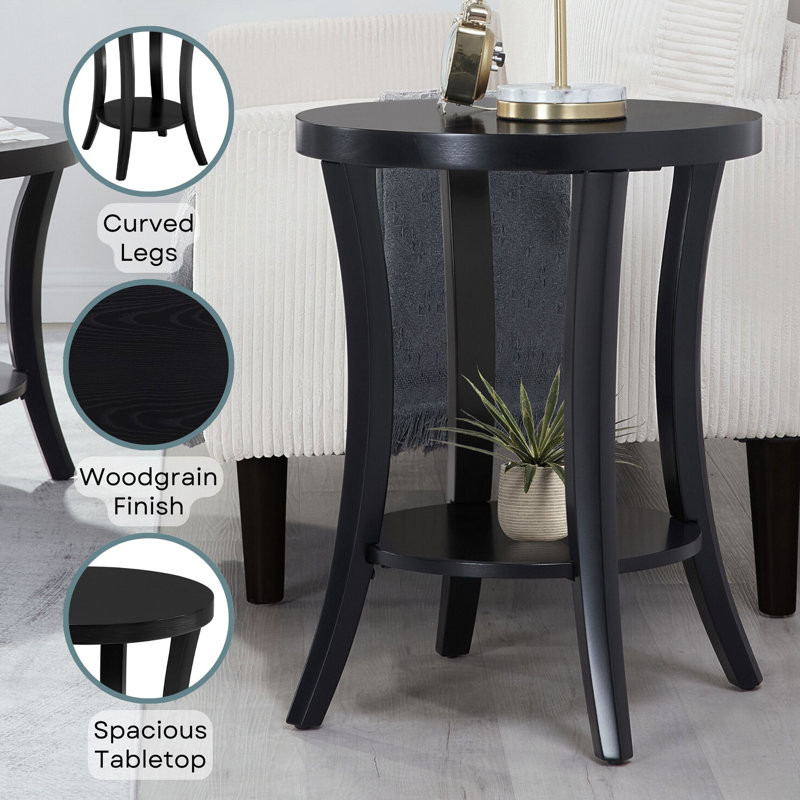 Dinh Round End Table with Shelf, Black
