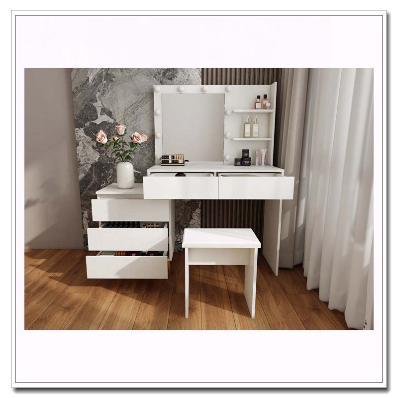 LED Lighted Makeup Vanity Table with Mirror, Storage Drawers, Matching Stool and Organizing Compartments