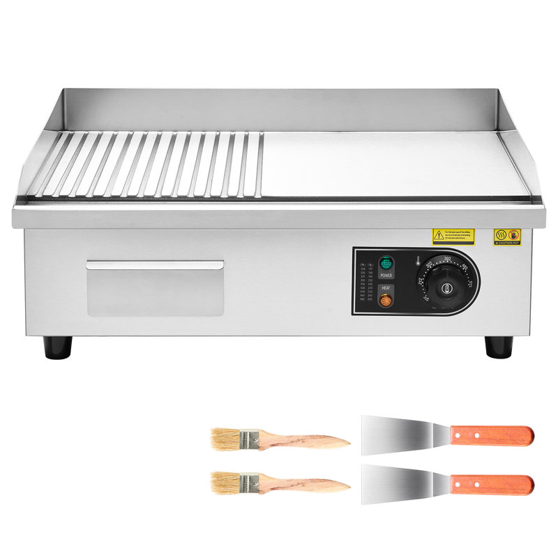 Plaque de cuisson électrique commerciale 1750 W, 53,5 x 30 cm, température réglable de 50 à 300 °C, en acier inoxydable, surface semi-rainurée pour la cuisson des steaks, avec trou d'égouttement, patins antidérapants et outils de nettoyage inclus.