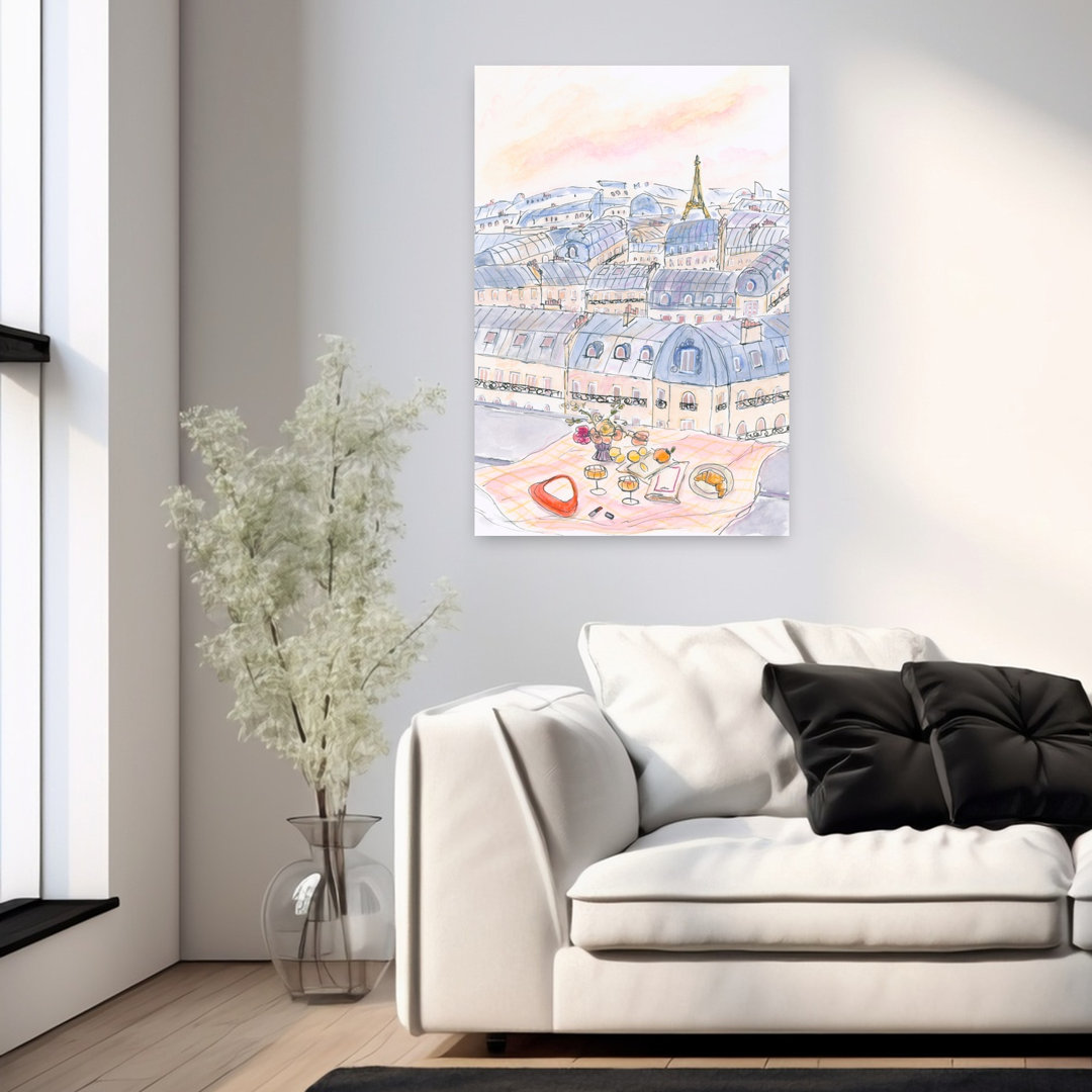 Parisian Rooftop Picnic With Eiffel Tower Views Romantic Contemporary Wall Art Print