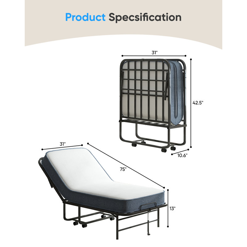 W31" Portable Folding Bed with Mattress For Adults, Twin