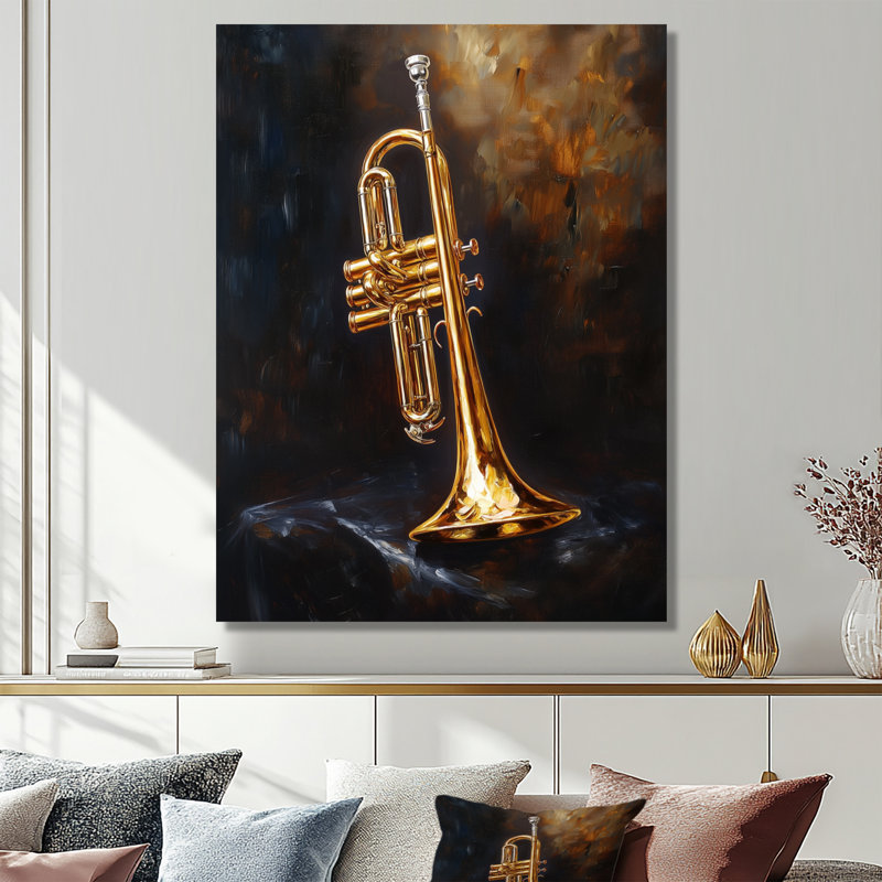 Sérénade en cuivres - Décoration murale en forme de trompette, imprimée sur métal, 40" H x 30" W
