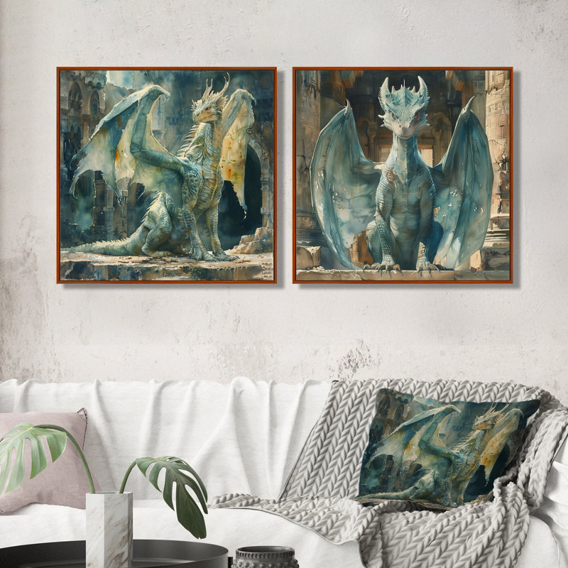 «Green Antique Ruins Dragon I - Dragons», art mural moderne 2 pièces, H 30 po x l 61 po, Impression encadrée flottante, Brun