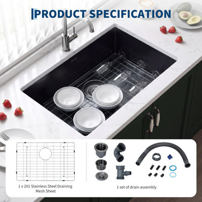 Évier de cuisine encastré en acier inoxydable 201 de 26 po x 18 po x 9 po noir mat, calibre 16 avec ouverture à panneau pour la cuisine et les utilitaires