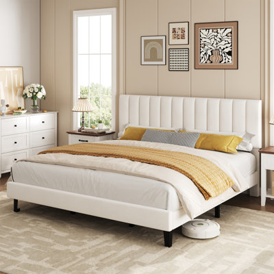 King Size Bed Frame Velvet Upholstered Platform with Adjustable Vertical Channel Tufted Headboard, No Box Spring Needed, White