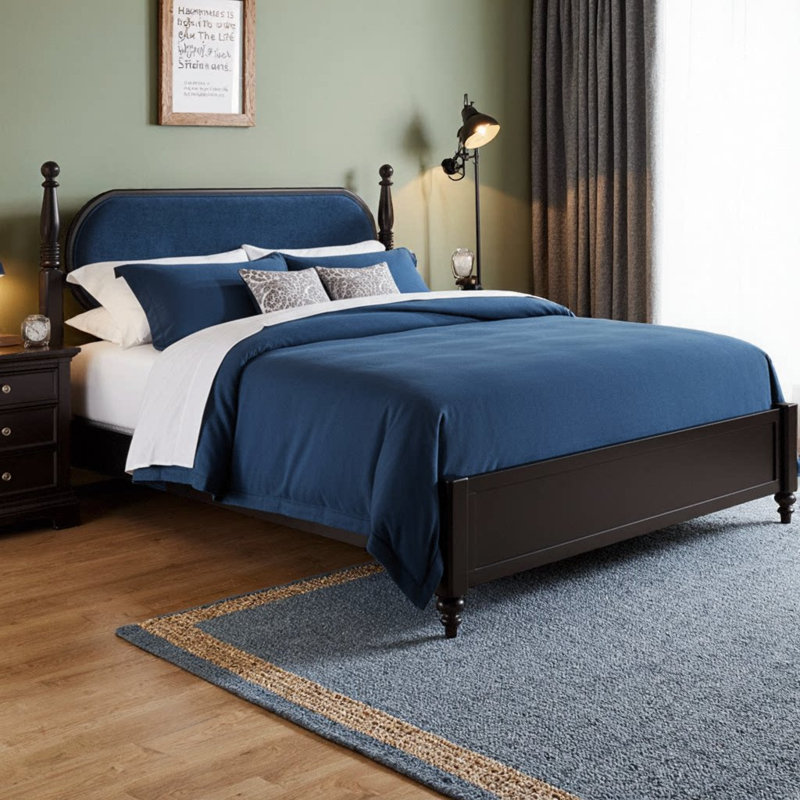 Grand lit plateforme en bois noir avec tête de lit tapissier en velours, structure en bois massif, conception de poteau tourné moderne, capacité de 500 lb, support à lattes, aucun sommier requis