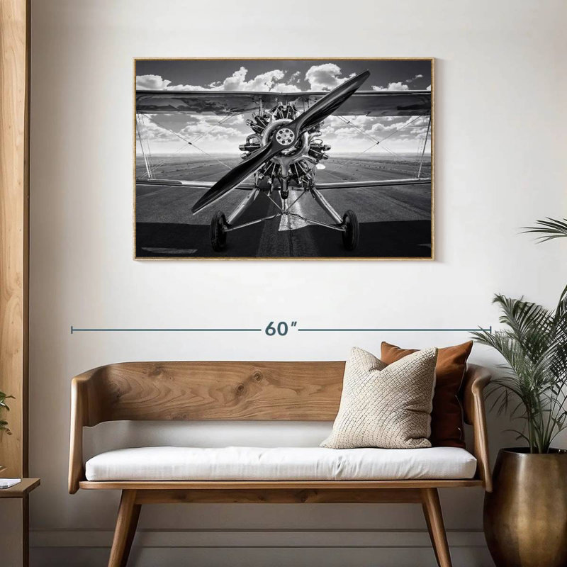 Avion rétro monochrome, Cadre flottant en bois naturel, 43 po x 29 po