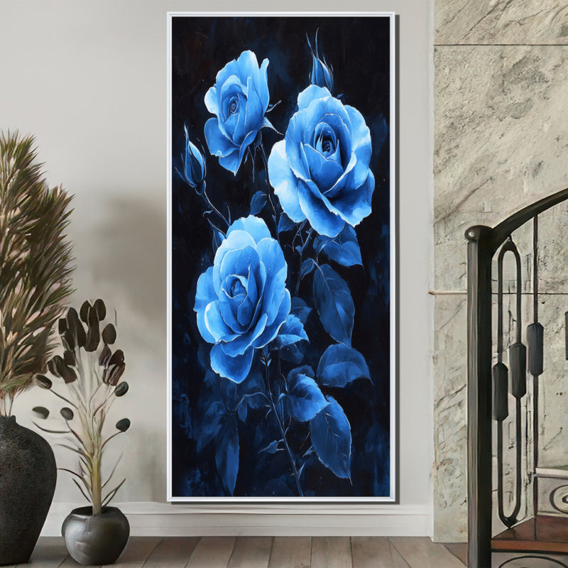 «Dark Aqua Roses Elegance At Night I», art mural sur toile Roses, H 60 po x l 28 po, Reproduction avec cadre flottant, Blanc