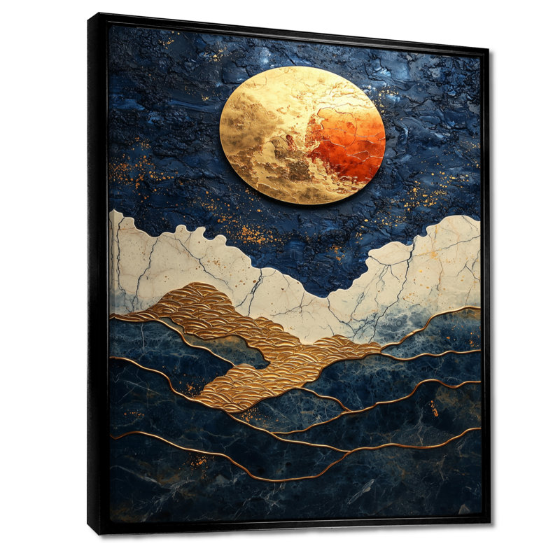 Lune dorée sur paysage côtier liquide I - lune, art mural, Noir, Impression encadrée sans passe-partout, H 20 po x l 12 po