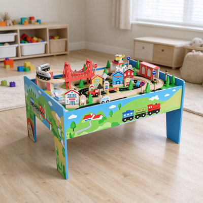 Ensemble de train en bois 80 pièces pour enfants - Jeu d'activités 4 en 1 avec plateau réversible (table de train et bureau), rails et train, accessoires de ville, rangement intégré - Bois naturel, 3 ans et plus